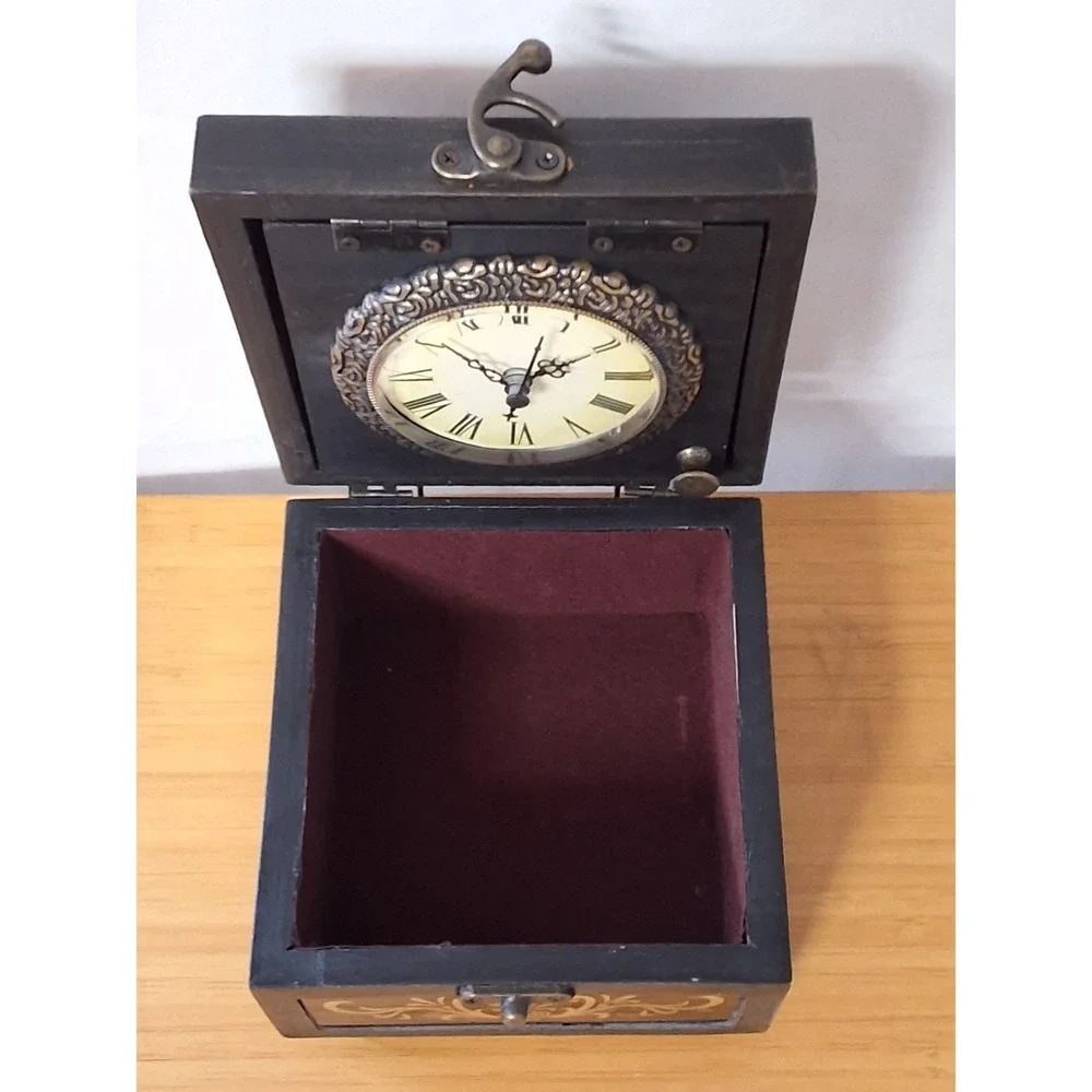 Vintage Home Interiors Wooden Trinket Stash Box With Clock WORKS!